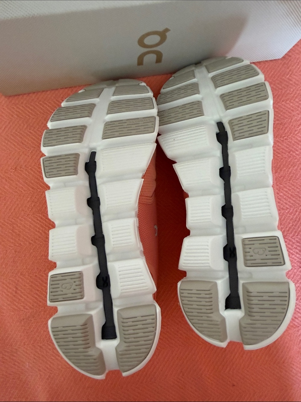 On Running Coral and Light Gray Cloud Sneakers - Picture 2 of 4